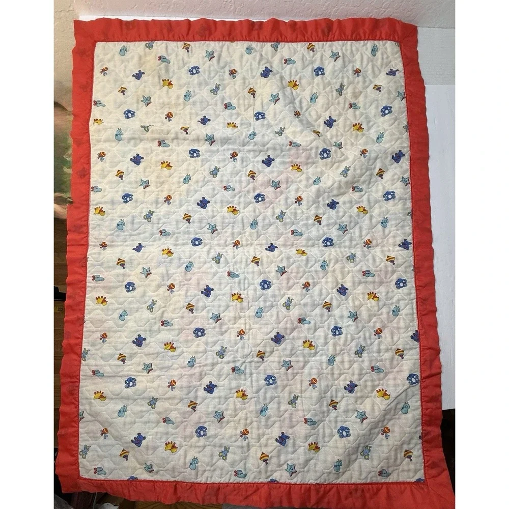 Vintage‎ Handmade Baby Quilt Comforter Blanket Multicolor Animals Blocks Rabbit